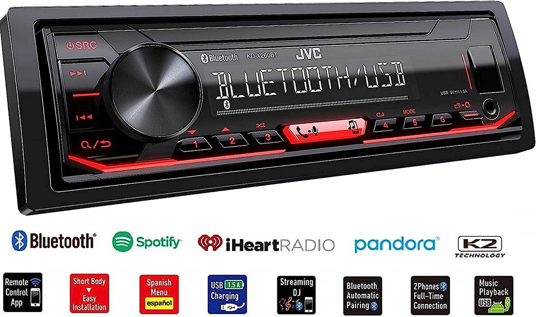 JVC KD-X260BT Built-in Bluetooth, AM/FM, USB, MP3, Pandora, Spotify, iHeart Radio Digital media receiver, Works with Apple and Android Phones, iPod/iPhone Music Playback